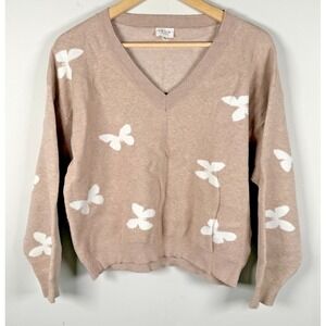 Le Lis Sweater Women's Small Beige Butterfly Knit Crop V Neck‎ Pullover NEW